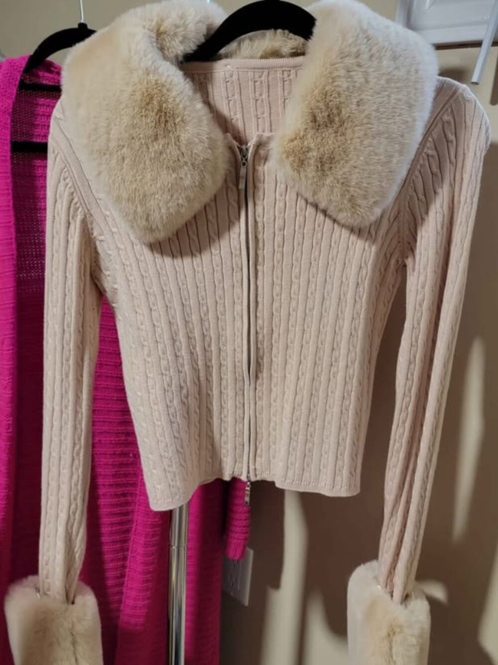 FAUX FUR ZIP SWEATER WITH REMOVABLE CUFFS